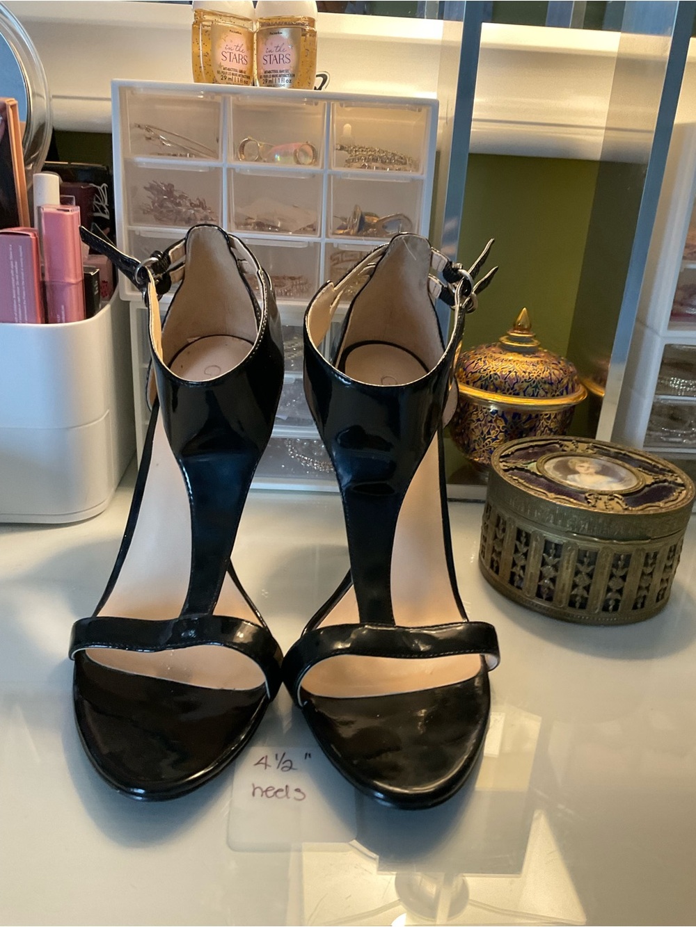 Guess Black Patent T-Strap High Heel Shoes